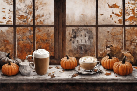 decoration for halloween holiday, still life, a cup of hot latte and pumpkins on a windowsill, beautiful autumn landscape outside the window, rural, festive backgroundの素材