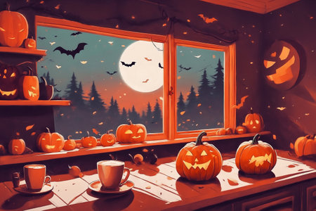decoration for halloween holiday, still life, a cup of hot latte and pumpkins on a windowsill, flying bats and beautiful autumn landscape outside the windowの素材