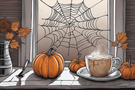 decoration for halloween holiday, still life, a cup of hot latte and pumpkins on a windowsill, beautiful autumn landscape outside the window, rural, festive backgroundの素材