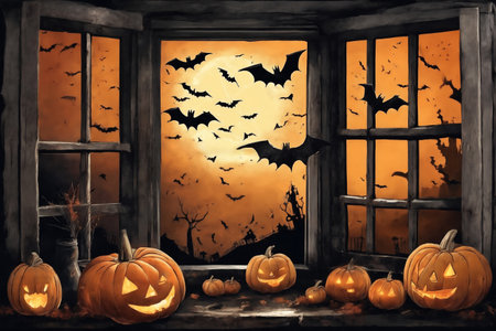 halloween holiday decorations, scary jack o lantern pumpkins and candles on a windowsill, flying bats outside the window, moonlit night, mystic and dark magicの素材