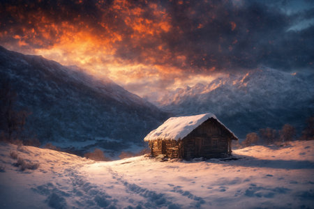 an old hut against the background of hard nature in winter, blizzard, dramatic sky and snowy mountains, forest, beautiful landscapeの素材