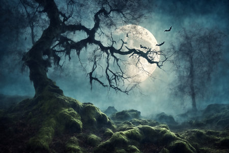 mystical forest on Halloween night, bats on the background of a big full moon in the dark sky, a glade with moss, roots, atmospheric and fairytaleの素材