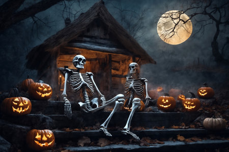 halloween, skeleton in front of the old house, around pumpkins and mystical forest, flying bats on big full moon background, scary and fabulous, dark magicの素材