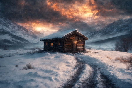 an old hut against the background of hard nature in winter, blizzard, dramatic sky and snowy mountains, forest, beautiful landscapeの素材
