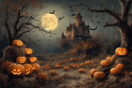 halloween night, old house in mystical forest, around pumpkins and flying bats, big full moon in dark sky, scary and fabulous, dark magicの素材