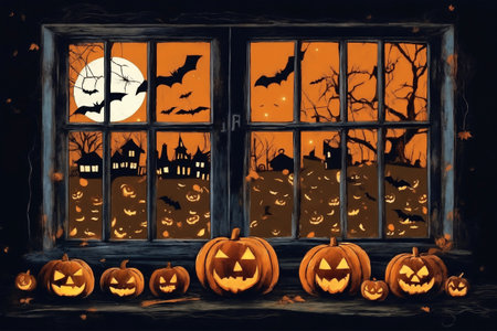 decoration for halloween holiday, pumpkins, jack on lantern on a windowsill, flying bats in night outside the windowの素材