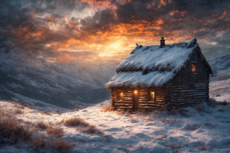 an old hut against the background of hard nature in winter, blizzard, dramatic sky and snowy mountains, forest, beautiful landscapeの素材