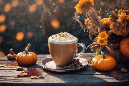 still life of a cup of hot latte and pumpkins on an old wooden table against the background of beautiful autumn nature at sunset, decoration for Halloweenの素材