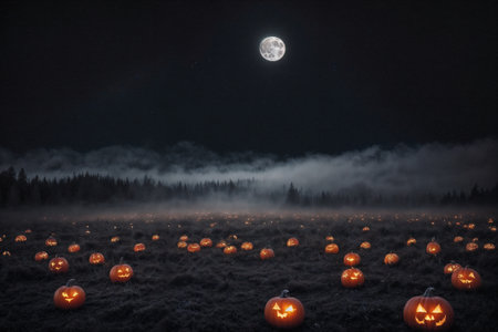 pumpkin head glows in the dark field at night, scary and mystical, Halloween concept, the moon shines through the fog, black silhouettesの素材