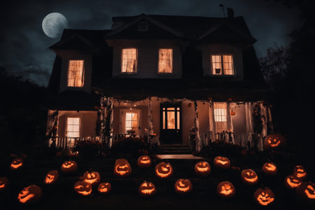 night view of home exterior decorated for halloween holiday, jack o lanterns in the yardの素材