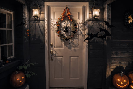 exterior of the old wooden house is decorated with harvest of pumpkins and leaves for halloween holiday, door and window, night and illuminationの素材