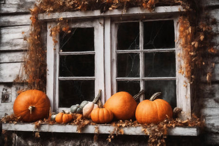 halloween holiday, the exterior of the old wooden house is decorated with pumpkins and leaves, old window and wall, holiday backgroundの素材