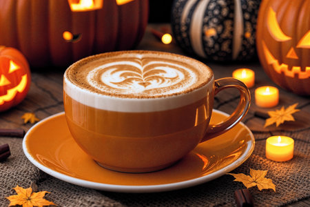 halloween holiday decoration with latte and pumpkins, still life, cozy, festive backgroundの素材
