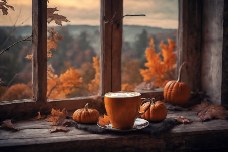 decoration for halloween holiday, still life, a cup of hot latte and pumpkins on a windowsill, beautiful autumn landscape outside the window, rural, festive backgroundの素材
