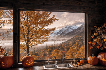 halloween holiday decoration with pumpkins, autumn leaves and candles, still life, cozy, festive background, beautiful landscape outside the windowの素材