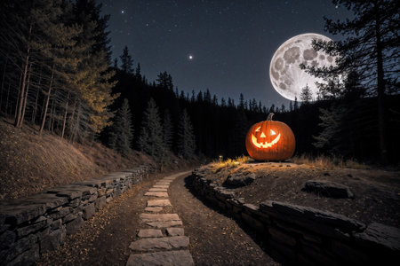 pumpkin head glows in the dark forest at night, scary and mystical, Halloween concept, the moon shines through the fog, black silhouettesの素材