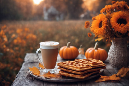 decoration for Halloween, still life, a cup of hot latte and pumpkins on an old wooden table against the background of beautiful autumn nature at sunsetの素材
