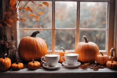 decoration for halloween holiday, still life, a cup of hot latte and pumpkins on a windowsill, beautiful autumn landscape outside the window, rural, festive backgroundの素材