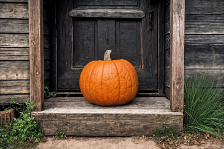 exterior of the old wooden house, a pumpkin at the doorstep of the front door, decoration for halloween holidayの素材