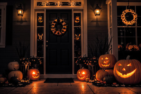 exterior of the old wooden house is decorated with harvest of pumpkins and leaves for halloween holiday, door and window, night and illuminationの素材