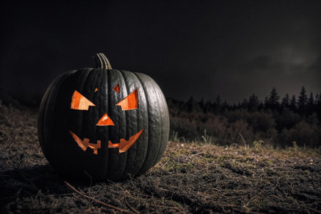 pumpkin head glows in the dark forest at night, scary and mystical, Halloween concept, the moon shines through the fog, black silhouettesの素材