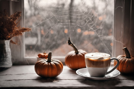 decoration for halloween holiday, still life, a cup of hot latte and pumpkins on a windowsill, beautiful autumn landscape outside the window, rural, festive backgroundの素材