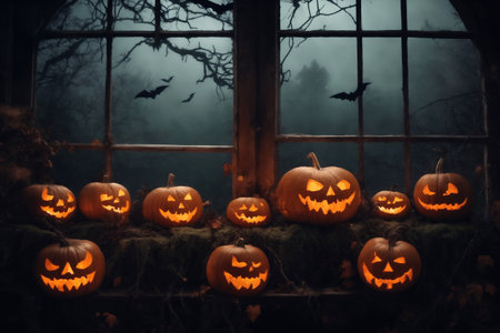 decoration for halloween holiday, pumpkins, jack on lantern on a windowsill, flying bats in night outside the windowの素材