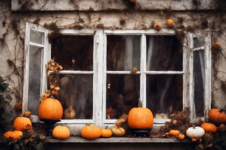 halloween holiday, the exterior of the old wooden house is decorated with pumpkins and leaves, old window and wall, holiday backgroundの素材