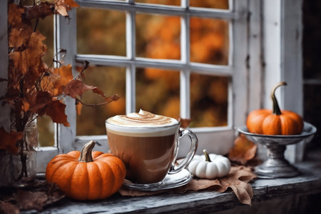 for halloween holiday, decoration with latte and pumpkins on a windowsill, beautiful autumn landscape outside the window, still life, festive backgroundの素材