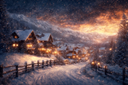 city street, houses are decorated with lights and Christmas trees in winter, New Year holiday, everything is covered with snow, cloudy sky at sunset, blizzardの素材