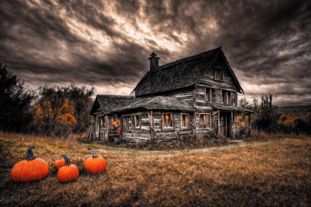 exterior of the house is decorated with harvest of pumpkins and leaves for halloween holiday, illumination, dark dramatic sky, autumn nature as backgroundの素材