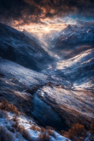 Christmas tree in a winter forest, snow covered mountains, beautiful nature at sunset, dark dramatic skyの素材