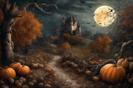 halloween night, old house in mystical forest, around pumpkins and flying bats, big full moon in dark sky, scary and fabulous, dark magicの素材