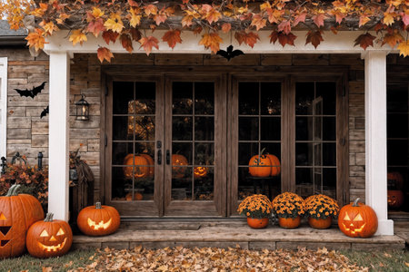 exterior of the old wooden house is decorated with harvest of pumpkins and leaves for halloween holiday, door and window, autumn nature as backgroundの素材