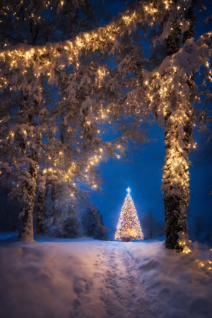 Christmas tree in a winter forest, decorated with garlands and lights, snow covered road, beautiful nature at sunsetの素材