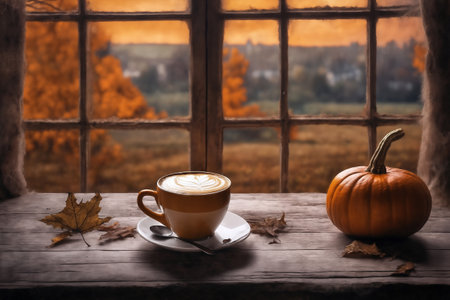 decoration for halloween holiday, still life, a cup of hot latte and pumpkins on a windowsill, beautiful autumn landscape outside the window, rural, festive backgroundの素材