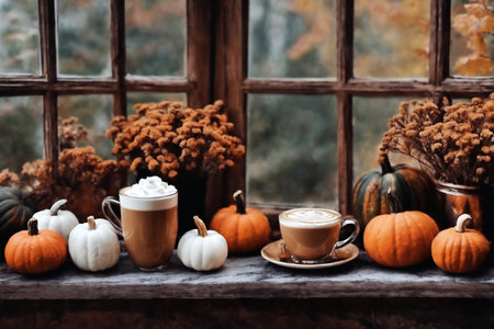 Foto per decoration for halloween holiday, still life, a cup of hot latte and pumpkins on a windowsill, beautiful autumn landscape outside the window, rural, festive background - Immagine Royalty Free