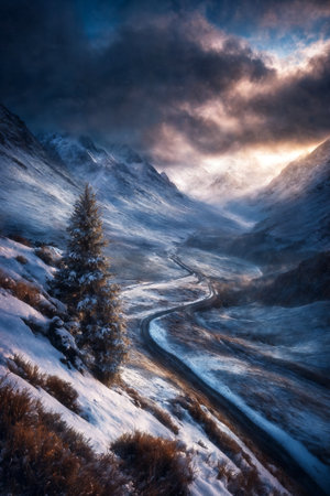 Christmas tree in a winter forest, snow covered mountains, beautiful nature at sunset, dark dramatic skyの素材