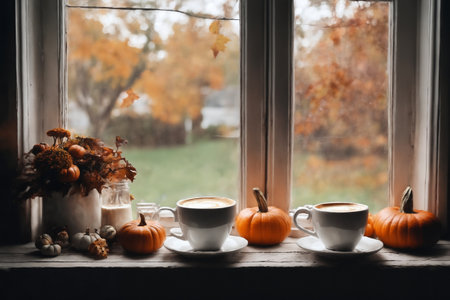 decoration for halloween holiday, still life, a cup of hot latte and pumpkins on a windowsill, beautiful autumn landscape outside the window, rural, festive backgroundの素材