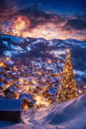 Christmas tree with new year holiday decoration in a village street at sunset, houses with lights, winter season, snowy mountains, beautiful natureの素材