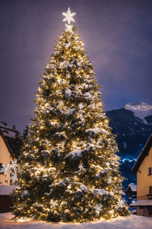 Christmas tree with new year holiday decoration in a city street at night, houses with lights, winter, snowの素材