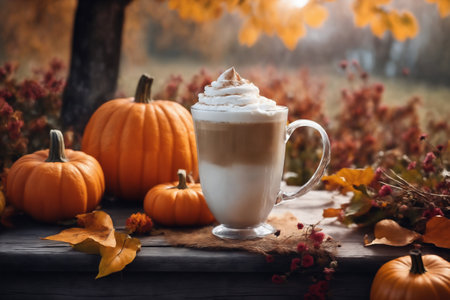 still life of a cup of hot latte and pumpkins on an old wooden table against the background of beautiful autumn nature at sunset, decoration for Halloweenの素材