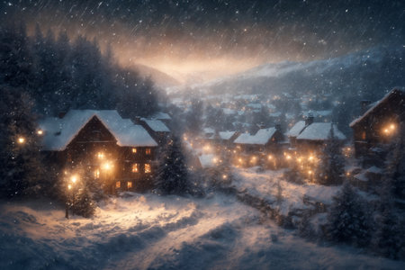 city street, houses are decorated with lights and Christmas trees in winter, New Year holiday, everything is covered with snow, cloudy sky at night, blizzardの素材
