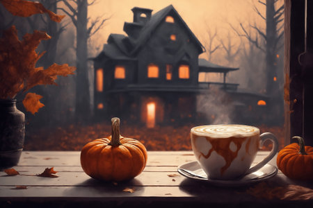 decoration for halloween holiday, still life, a cup of hot latte and pumpkins on a windowsill, beautiful autumn landscape outside the window, rural, festive backgroundの素材