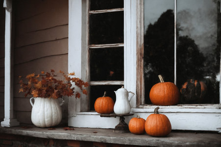 halloween holiday, the exterior of the old wooden house is decorated with pumpkins and leaves, old window and wall, holiday backgroundの素材
