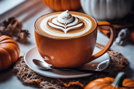 halloween decoration with latte and pumpkins on a wooden table, still life, cozy, holiday background with lightsの素材