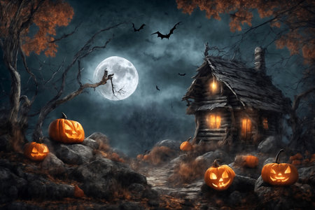 halloween night, old house in mystical forest, around pumpkins, flying bats on big full moon background, scary and fabulous, dark magicの素材