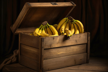 wooden box full of bananas in a barn on a dark backgroundの素材