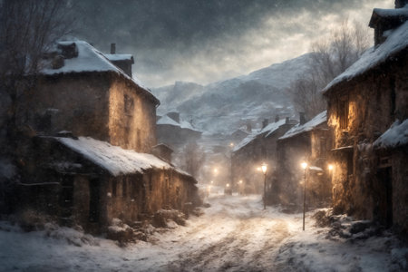 a small village against the background of hard nature in winter, blizzard, old wooden huts, dramatic sky and snowy mountains, beautiful landscapeの素材