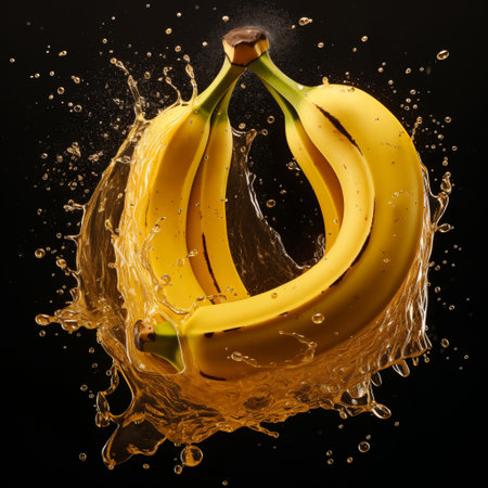 a bunch of banana in the center of water drops and splashes, on a black backgroundの素材